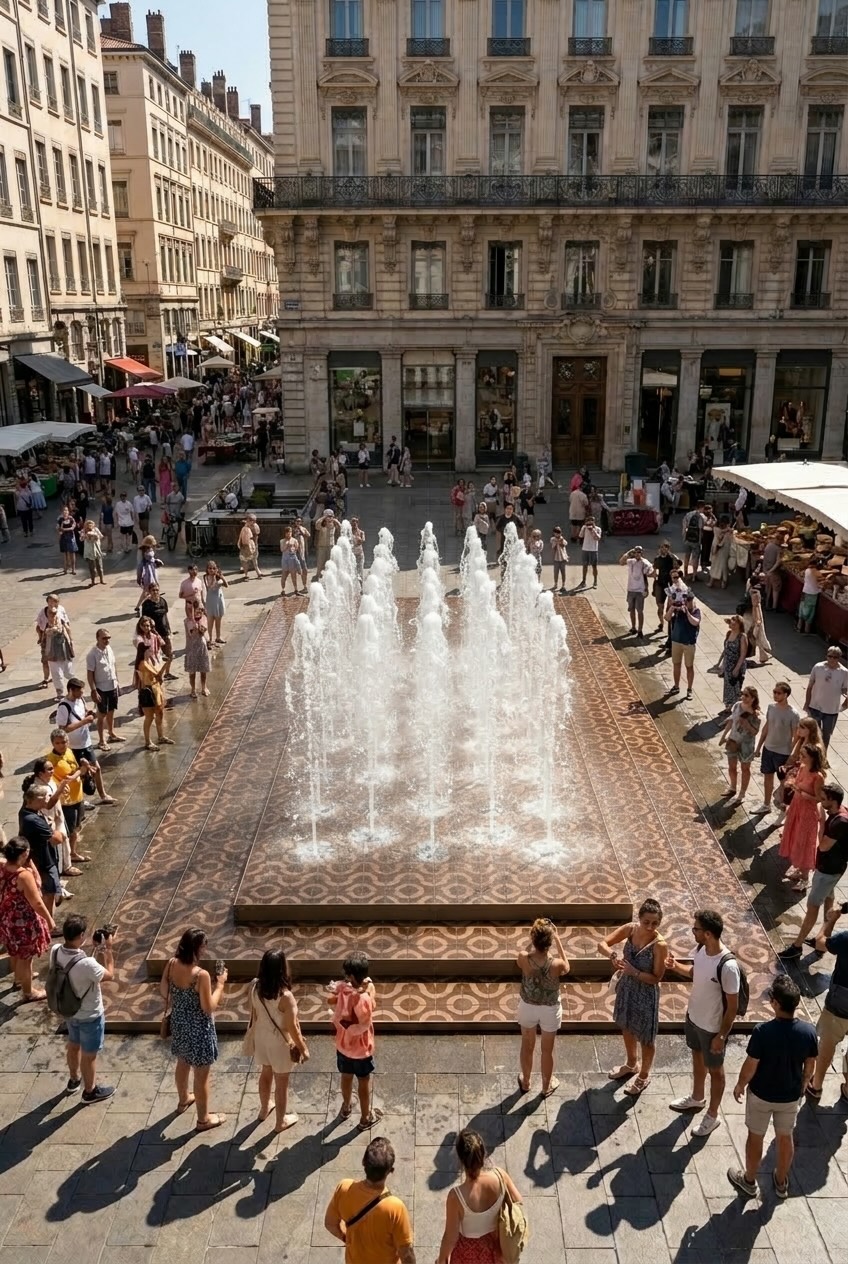 AERISIO cooling fountain installation in a busy urban plaza
