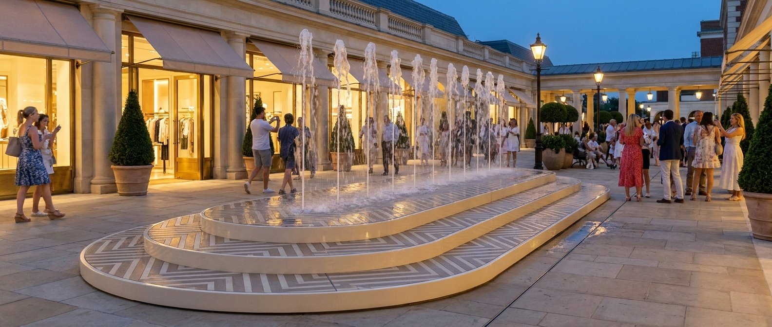 aerisio-oasis-walkable-fountain_10-jets_linear-ashwood-deck_rounded-rectangular_boutique-arcade_blue-hour_aerial-view_21x9_v7