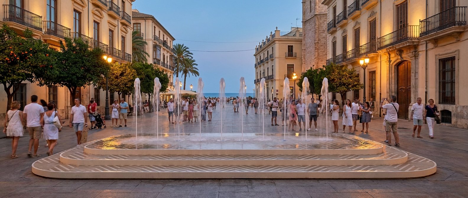 aerisio-oasis-walkable-fountain_10-jets_linear-ashwood-deck_rounded-rectangular_valencia-square_dusk_aerial-view_sea-view_21x9_v6