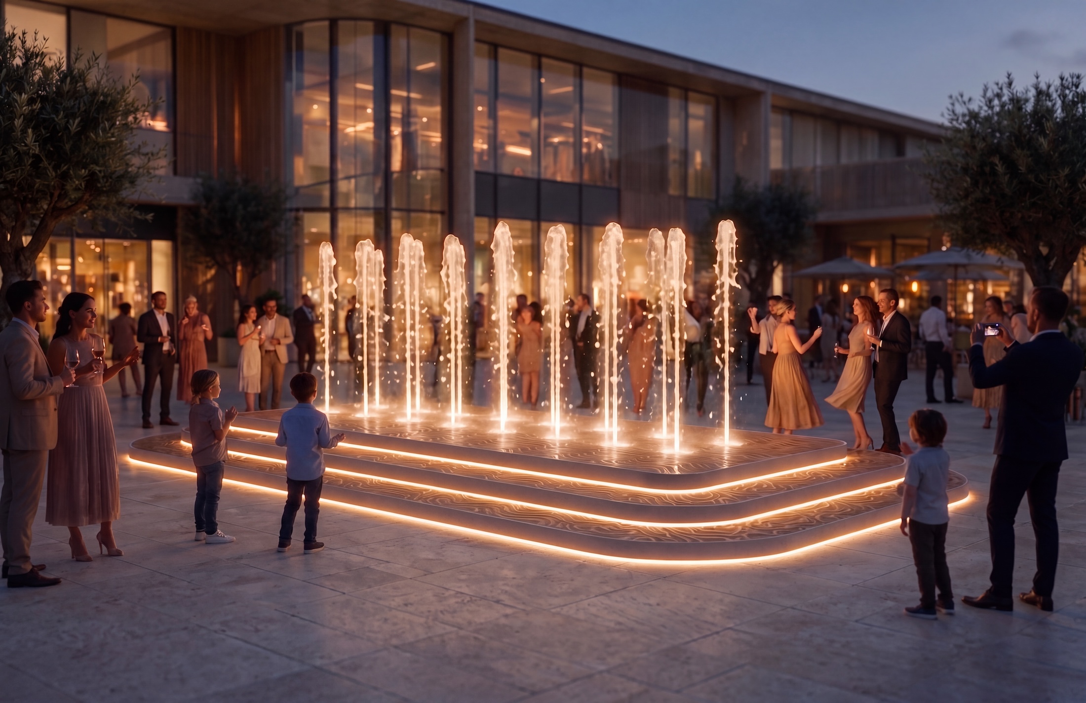 AERISIO lights, music, water dance and placemaking are programmed for you.