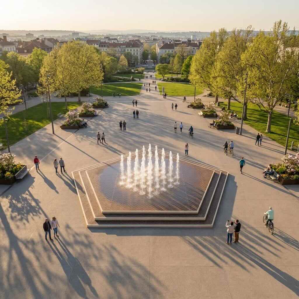 aerisio-oasis-walkable-fountain_30-jets_coppered-oak-deck_circular_park-esplanade_golden-hour_aerial-view_v1